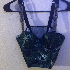 Dark palm leaf pattern on top of a black silk lingerie w/rhinestone straps